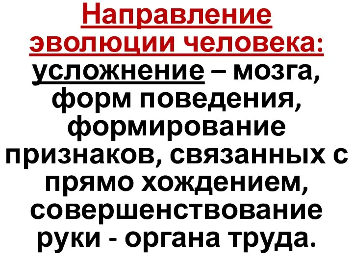 Направление эволюции человека: усложнение – мозга, форм поведения, формирование признаков, связанных