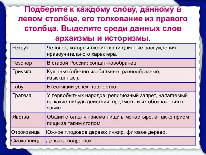 Подберите к каждому слову, данному в левом столбце, его толкование из