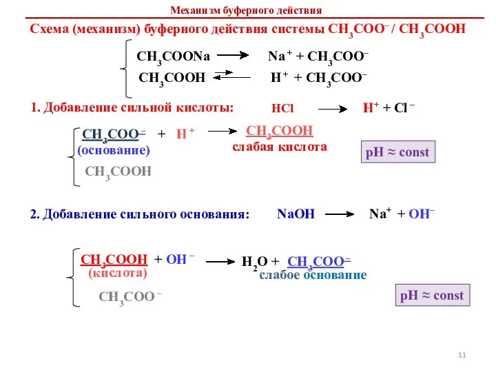 Схема (механизм) буферного действия системы СН3СОО– / СН3СООН 1. Добавление сильной