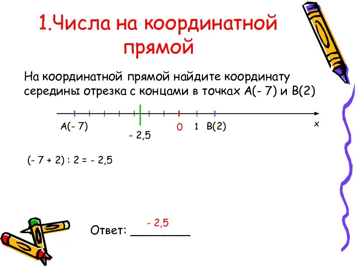 1.Числа на координатной прямой На координатной прямой найдите координату середины отрезка