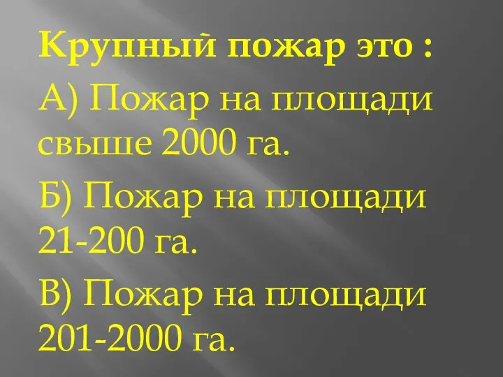 Крупный пожар это : А) Пожар на площади свыше 2000 га.