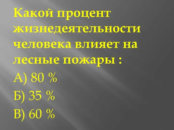 Какой процент жизнедеятельности человека влияет на лесные пожары : А) 80