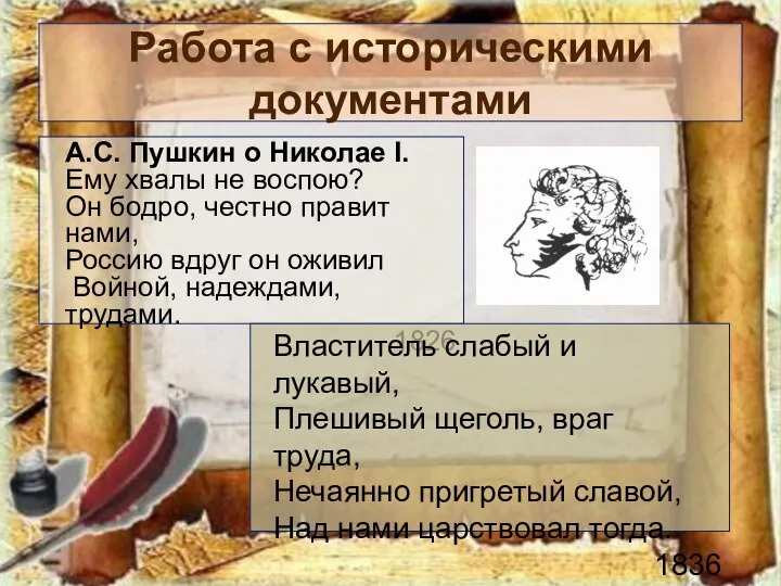 Работа с историческими документами А.С. Пушкин о Николае I. Ему хвалы