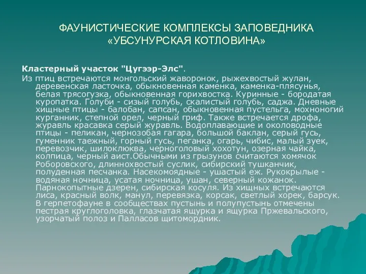 ФАУНИСТИЧЕСКИЕ КОМПЛЕКСЫ ЗАПОВЕДНИКА «УБСУНУРСКАЯ КОТЛОВИНА» Кластерный участок "Цугээр-Элс". Из птиц встречаются