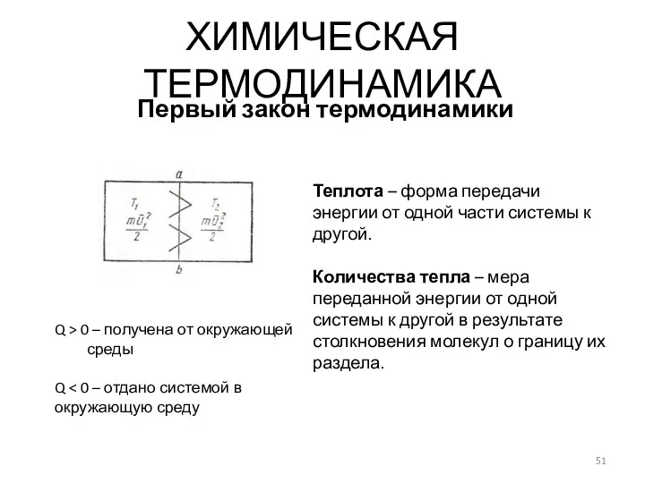 ХИМИЧЕСКАЯ ТЕРМОДИНАМИКА Первый закон термодинамики Теплота – форма передачи энергии от