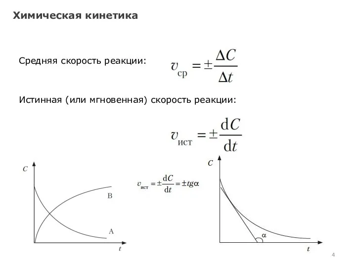 Химическая кинетика Средняя скорость реакции: Истинная (или мгновенная) скорость реакции: