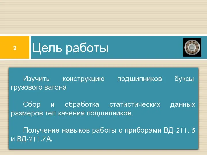 Цель работы Изучить конструкцию подшипников буксы грузового вагона Сбор и обработка