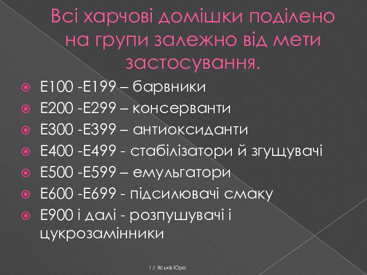 Всі харчові домішки поділено на групи залежно від мети застосування. Е100