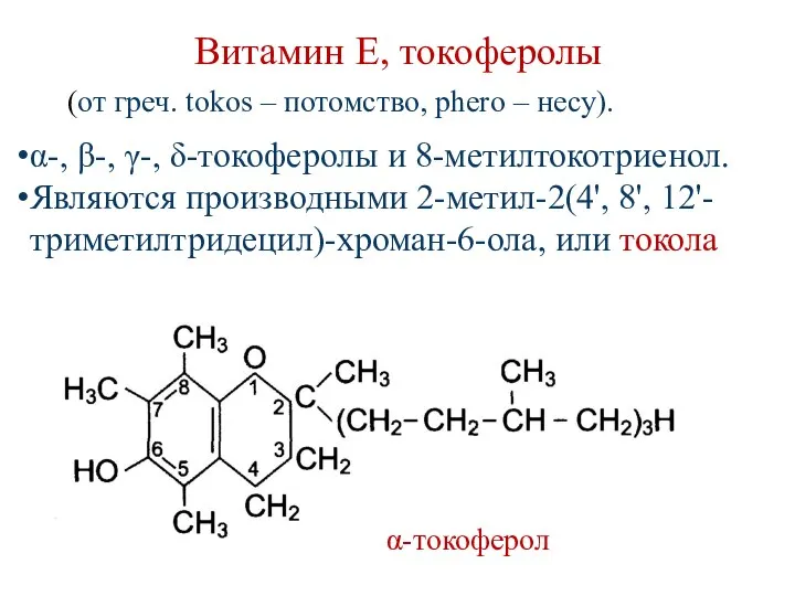 Витамин Е, токоферолы α-токоферол (от греч. tokos – потомство, phero –