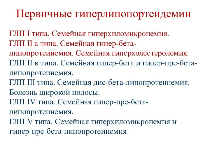 Первичные гиперлипопортеидемии ГЛП I типа. Семейная гиперхиломикронемия. ГЛП II а типа.