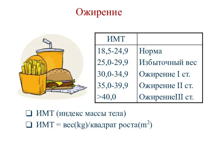 Oжирение ИМТ (индекс массы тела) ИМТ = вес(kg)/квадрат роста(m2)