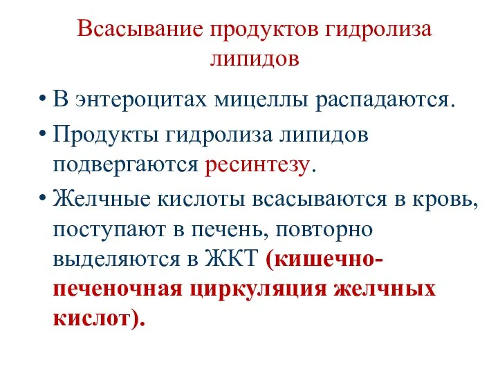 Всасывание продуктов гидролиза липидов В энтероцитах мицеллы распадаются. Продукты гидролиза липидов