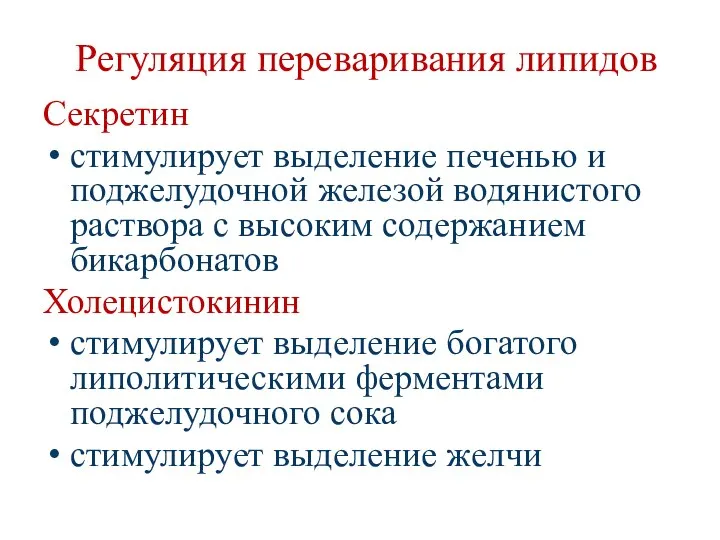 Регуляция переваривания липидов Секретин стимулирует выделение печенью и поджелудочной железой водянистого