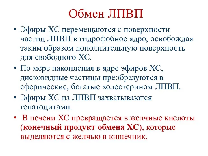 Обмен ЛПВП Эфиры ХС перемещаются с поверхности частиц ЛПВП в гидрофобное