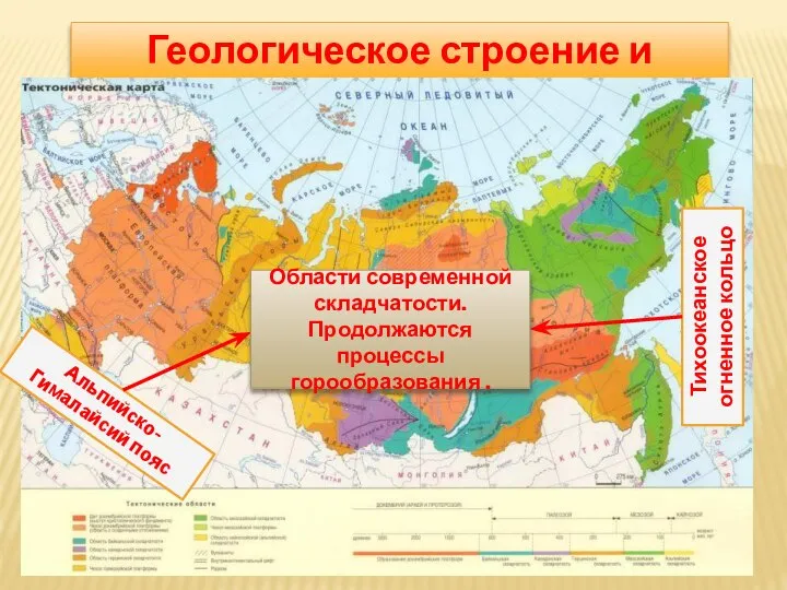 Геологическое строение и рельеф Тихоокеанское огненное кольцо Альпийско-Гималайсий пояс Области современной складчатости. Продолжаются процессы горообразования .