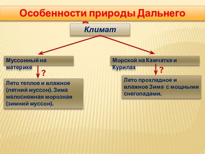 Особенности природы Дальнего Востока Климат Муссонный на материке Морской на Камчатке