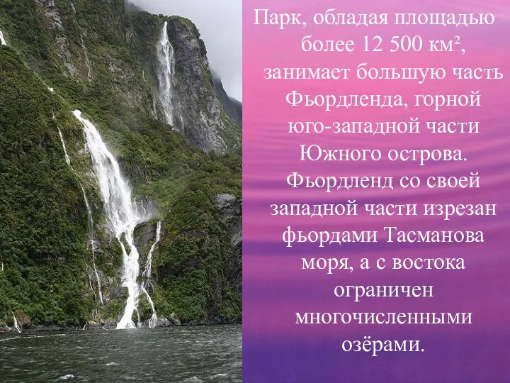 Парк, обладая площадью более 12 500 км², занимает большую часть Фьордленда,