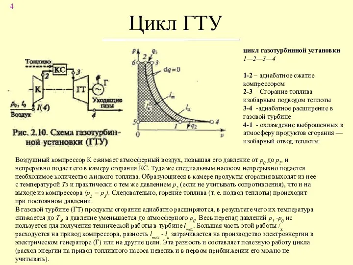 Цикл ГТУ Воздушный компрессор К сжимает атмо­сферный воздух, повышая его давление