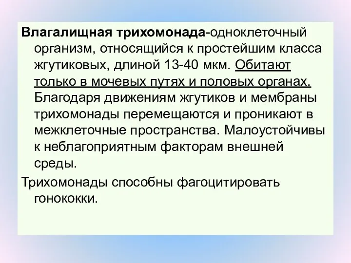 Влагалищная трихомонада-одноклеточный организм, относящийся к простейшим класса жгутиковых, длиной 13-40 мкм.