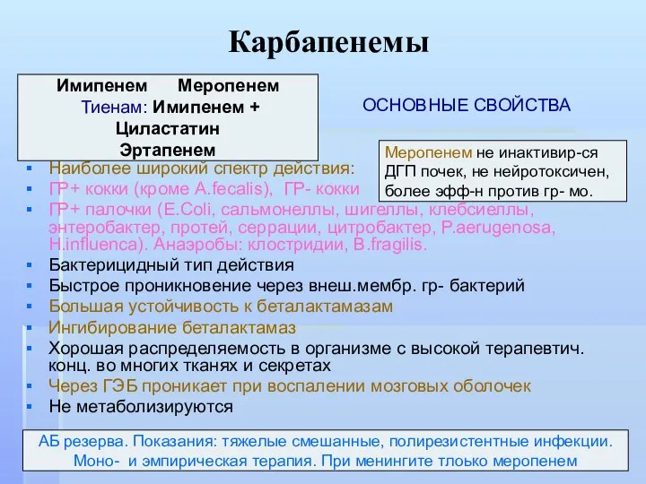 Карбапенемы ОСНОВНЫЕ СВОЙСТВА Наиболее широкий спектр действия: ГР+ кокки (кроме A.fecalis),