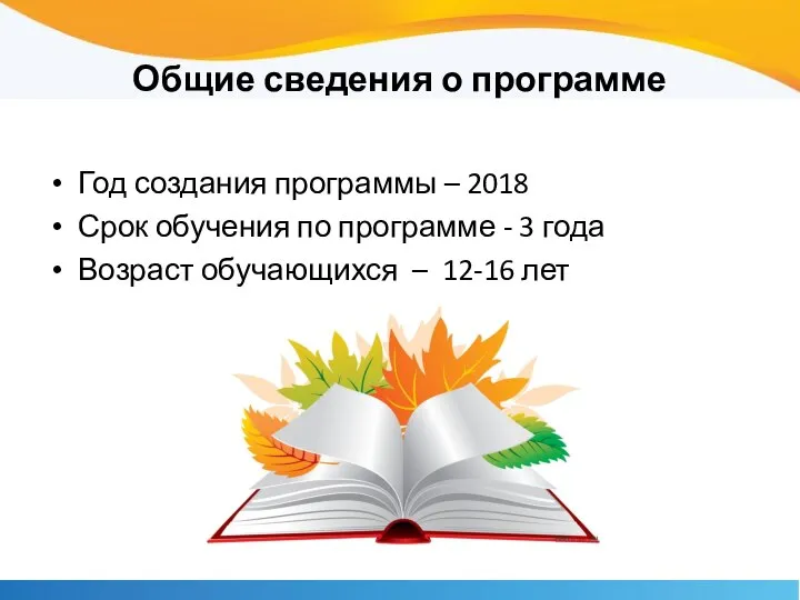 Общие сведения о программе Год создания программы – 2018 Срок обучения