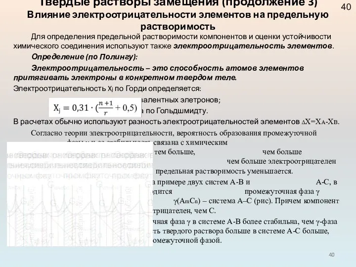 Твердые растворы замещения (продолжение 3) Влияние электроотрицательности элементов на предельную растворимость