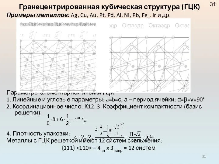 Примеры металлов: Ag, Cu, Au, Pt, Pd, Al, Ni, Pb, Feγ,