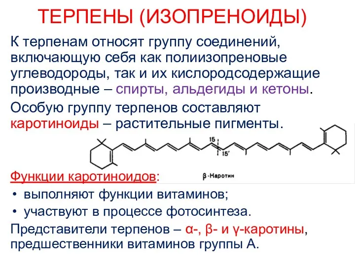 ТЕРПЕНЫ (ИЗОПРЕНОИДЫ) К терпенам относят группу соединений, включающую себя как полиизопреновые