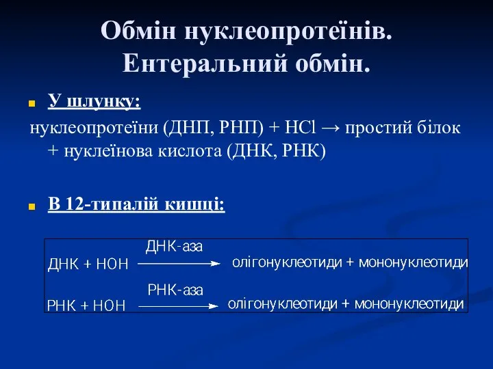 Обмін нуклеопротеїнів. Ентеральний обмін. У шлунку: нуклеопротеїни (ДНП, РНП) + HCl