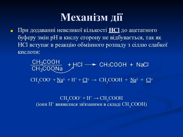 Механізм дії При додаванні невеликої кількості НCl до ацетатного буферу змін