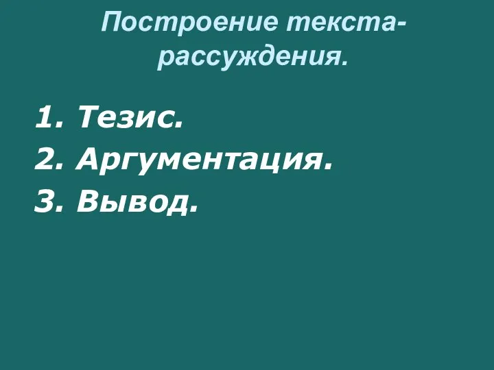 Построение текста-рассуждения. 1. Тезис. 2. Аргументация. 3. Вывод.