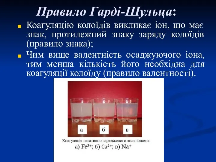 Правило Гарді-Шульца: Коагуляцію колоїдів викликає іон, що має знак, протилежний знаку