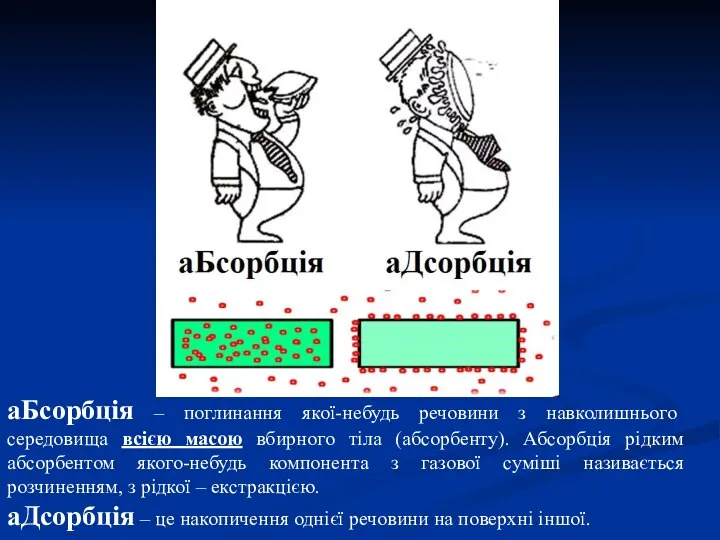 аБсорбція – поглинання якої-небудь речовини з навколишнього середовища всією масою вбирного