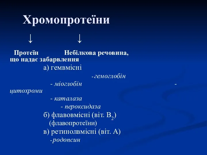 Хромопротеїни ↓ ↓ Протеїн Небілкова речовина, що надає забарвлення а) гемвмісні