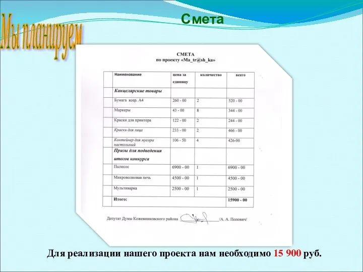 Для реализации нашего проекта нам необходимо 15 900 руб. Мы планируем Смета