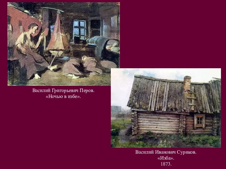 Василий Григорьевич Перов. «Ночью в избе». Василий Иванович Суриков. «Изба». 1873.