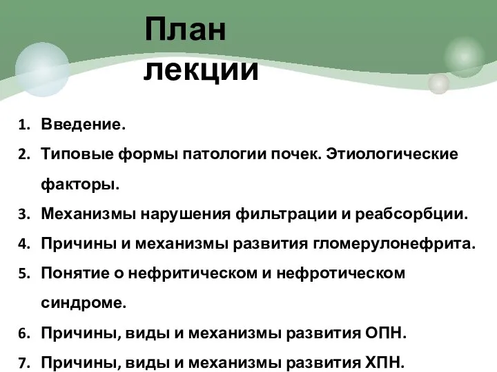 План лекции Введение. Типовые формы патологии почек. Этиологические факторы. Механизмы нарушения