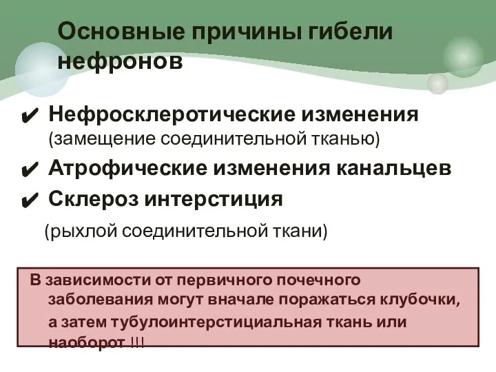 Нефросклеротические изменения (замещение соединительной тканью) Атрофические изменения канальцев Склероз интерстиция (рыхлой