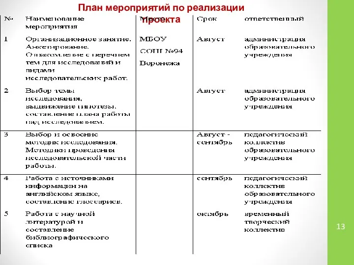 План мероприятий по реализации проекта