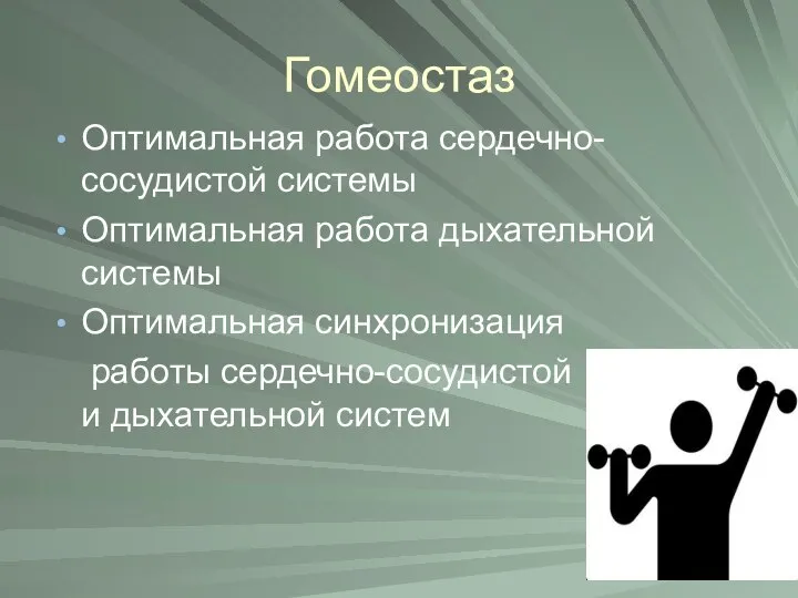 Гомеостаз Оптимальная работа сердечно-сосудистой системы Оптимальная работа дыхательной системы Оптимальная синхронизация работы сердечно-сосудистой и дыхательной систем