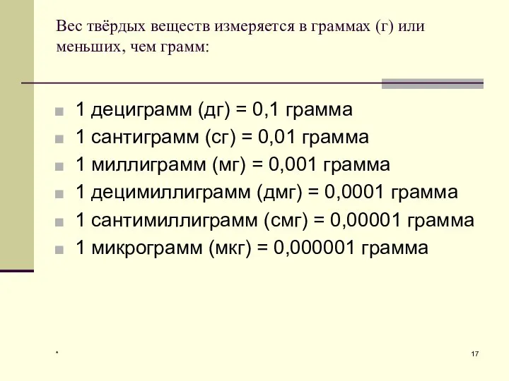 Вес твёрдых веществ измеряется в граммах (г) или меньших, чем грамм: