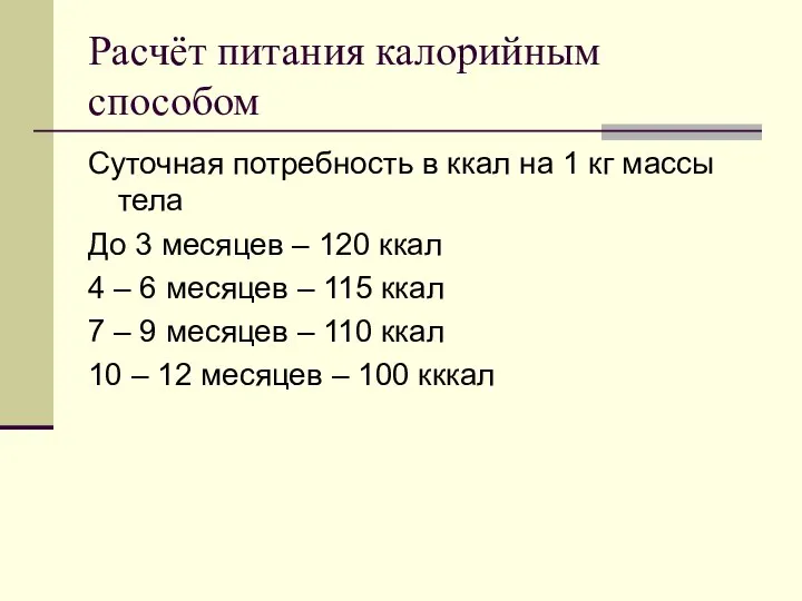 Расчёт питания калорийным способом Суточная потребность в ккал на 1 кг