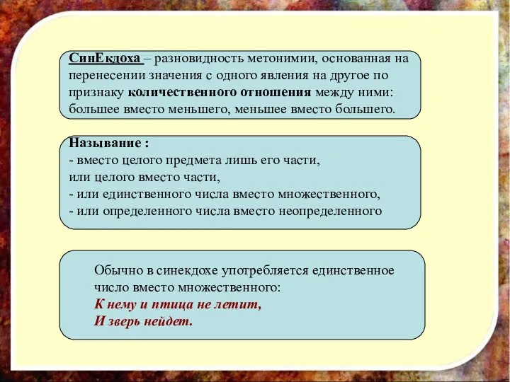 СинЕкдоха – разновидность метонимии, основанная на перенесении значения с одного явления