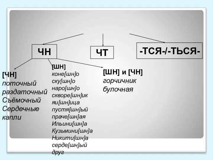 ЧН ЧТ -ТСЯ-/-ТЬСЯ- [ЧН] поточный раздаточный Съёмочный Сердечные капли [ШН] коне[шн]о