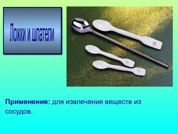 Ложки и шпатели Применение: для извлечения веществ из сосудов.