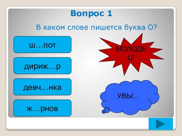 Вопрос 1 В каком слове пишется буква О? ш…пот дириж…р девч…нка ж…рнов УВЫ... МОЛОДЕЦ!