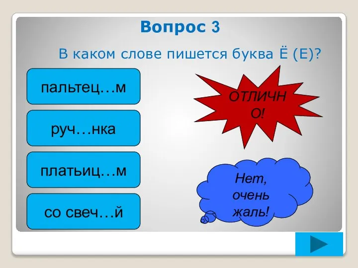 Вопрос 3 В каком слове пишется буква Ё (Е)? пальтец…м руч…нка