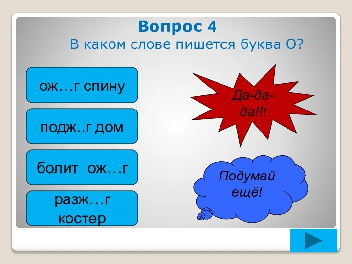 Вопрос 4 В каком слове пишется буква О? ож…г спину подж..г