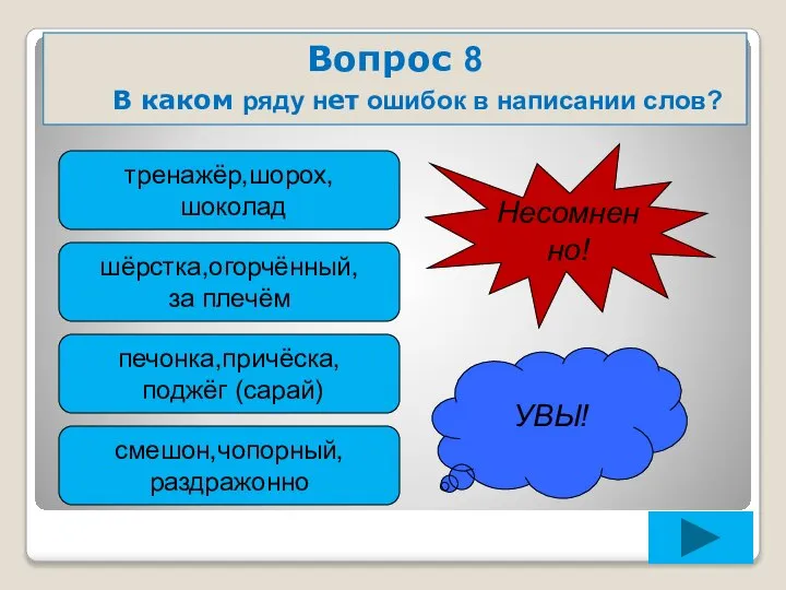 Вопрос 8 В каком ряду нет ошибок в написании слов? тренажёр,шорох,