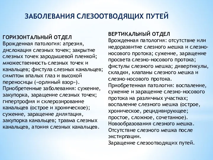 ЗАБОЛЕВАНИЯ СЛЕЗООТВОДЯЩИХ ПУТЕЙ ГОРИЗОНТАЛЬНЫЙ ОТДЕЛ Врожденная патология: атрезия, дислокация слезных точек;